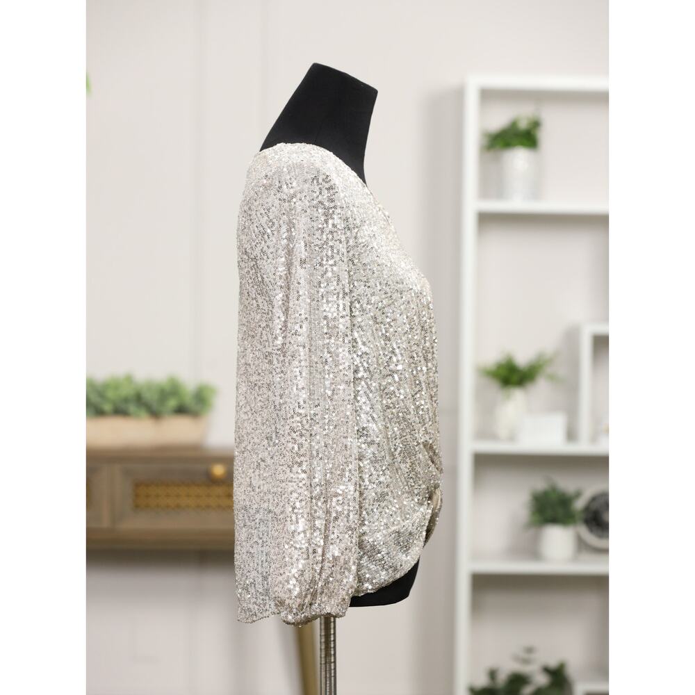 Sachin & Babi Peyton Silver Sequin Twist Front NWT $395 Retail Balloon Sleeve 6 - Picture 5 of 12